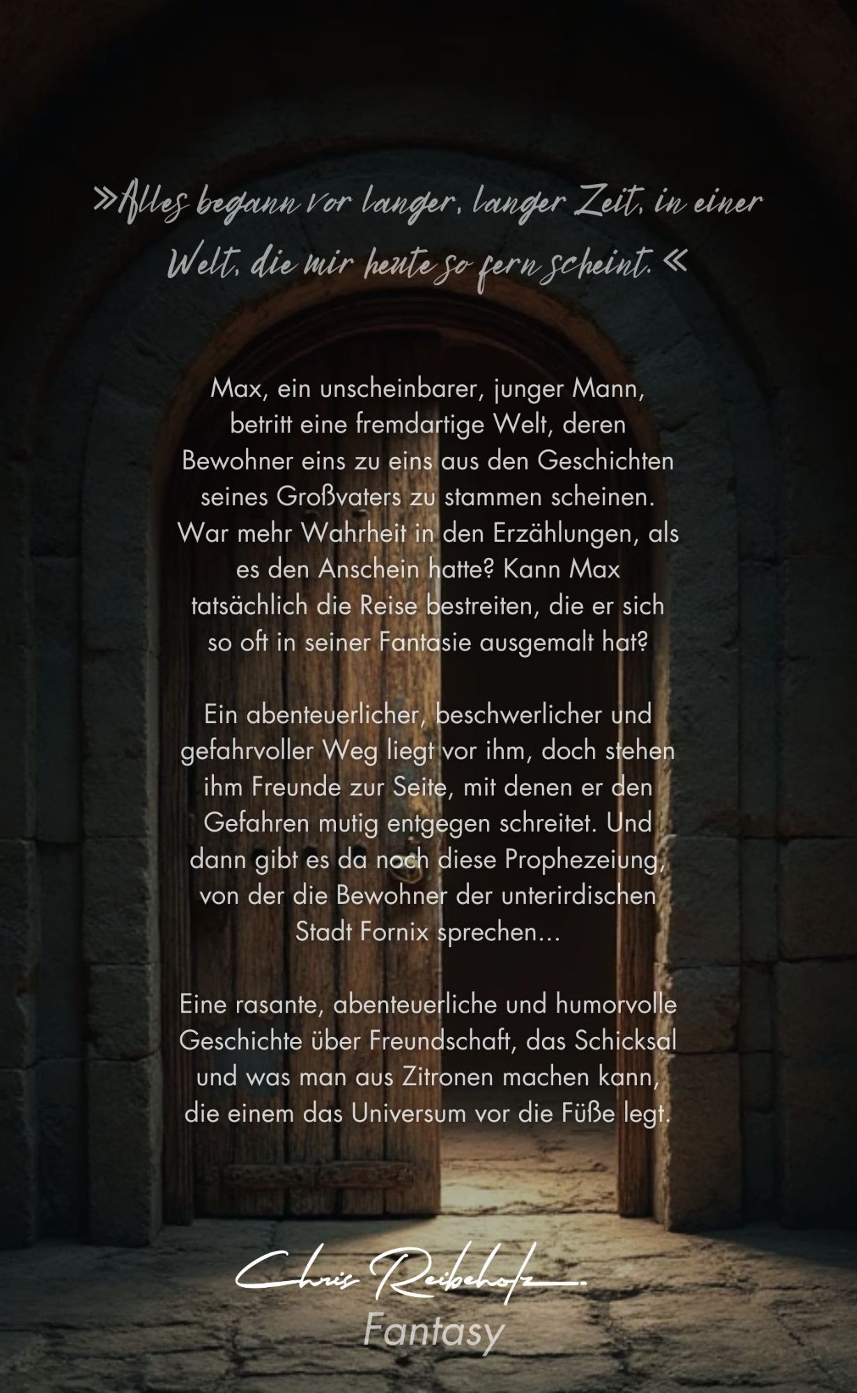 Rückseite des Bucheinbandes und Klappentext des Romans Fornix Alles begann vor langer, langer Zeit, in einer Welt, die mir heute so fern scheint.